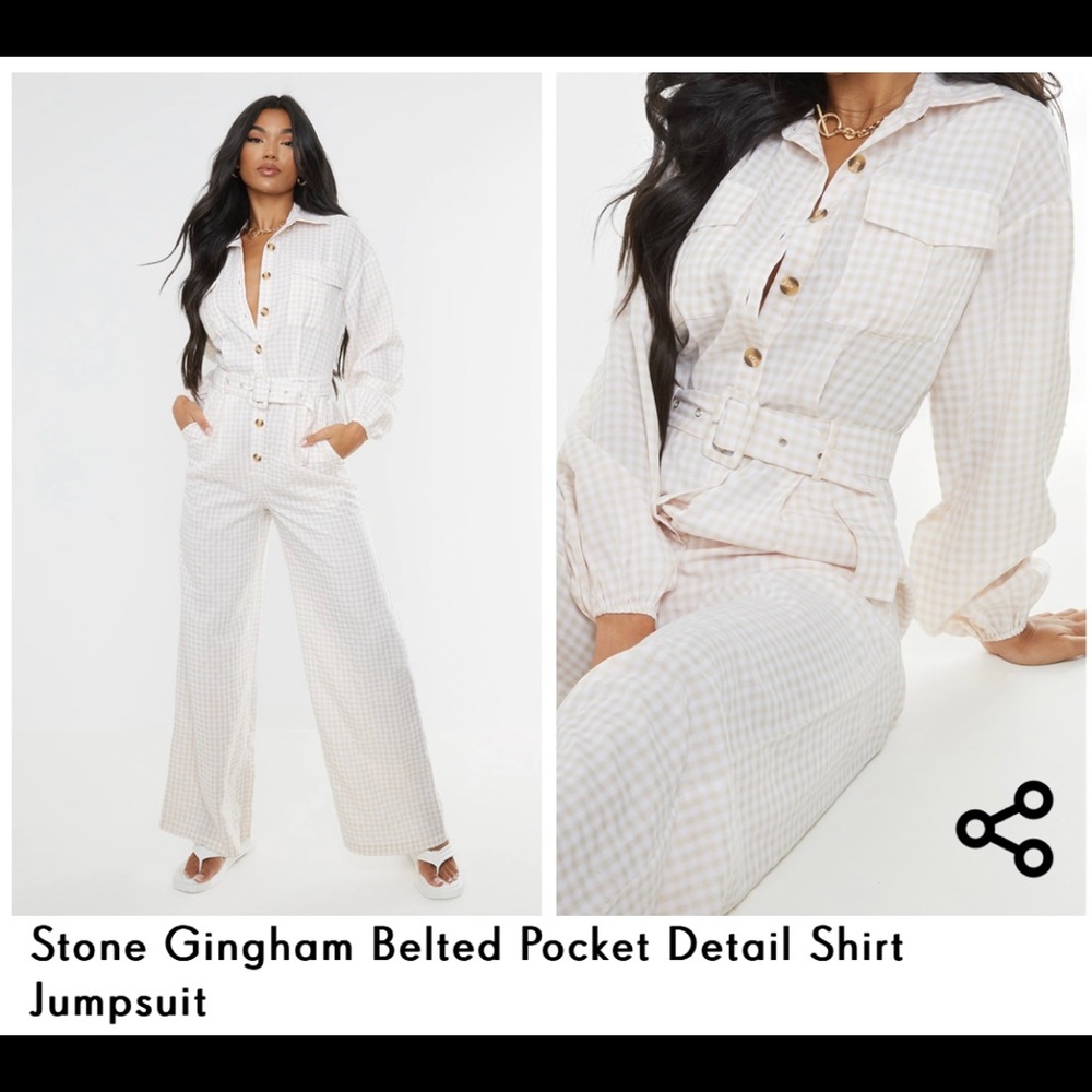 Stone Gingham Belted Pocket Detail Shirt Jumpsuit